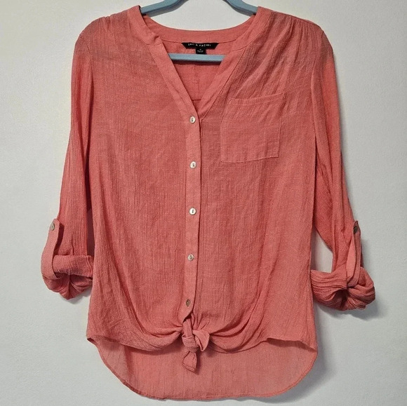 Coral button down blouse with front tie size small by Zac & Rachel - Picture 1 of 6
